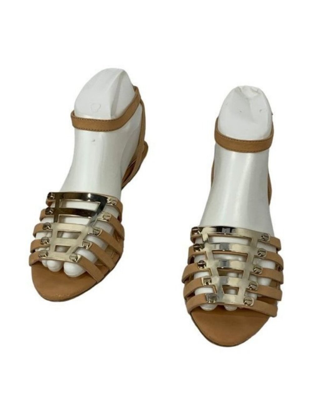 Jessica Simpson Tan Gold Accent Strappy Flat Sandals Womens Size 7.5 Casual Chic